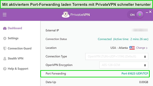 Screenshot der Benutzeroberfl&auml;che von PrivateVPN mit aktivierter Portweiterleitungsfunktion.