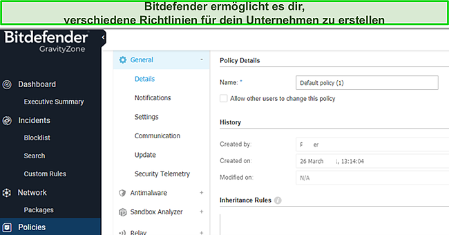 Screenshot der Bitdefender GravityZone-Oberfl&auml;che.