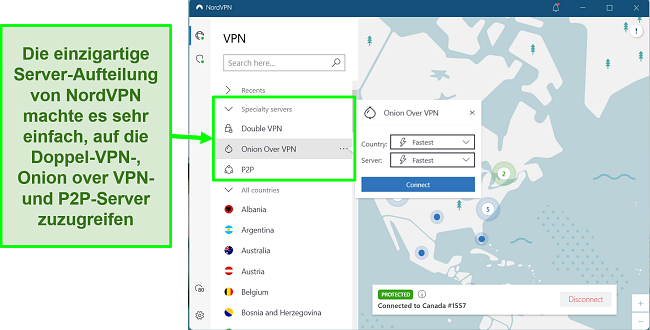 Screenshot, der die bei NordVPN verf&uuml;gbaren Spezialserver zeigt, darunter auch P2P-optimierte Server f&uuml;r Musik-Downloads