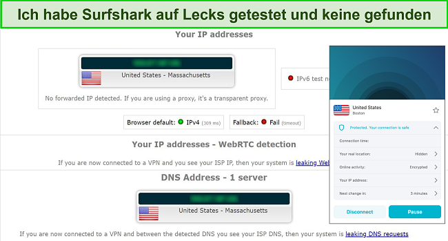 Screenshot, der zeigt, wie Surfshark-Server Lecktests f&uuml;r sichere Musik-Torrent-Downloads bestehen