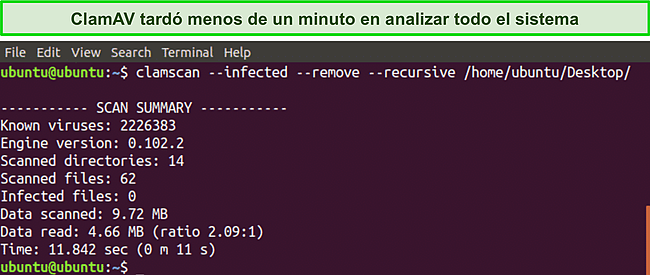 Captura de pantalla del esc&aacute;ner CLI r&aacute;pido de ClamAV.