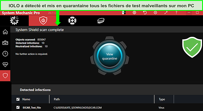 Capture d'&eacute;cran du r&eacute;sultat de l'analyse du Bouclier syst&egrave;me.