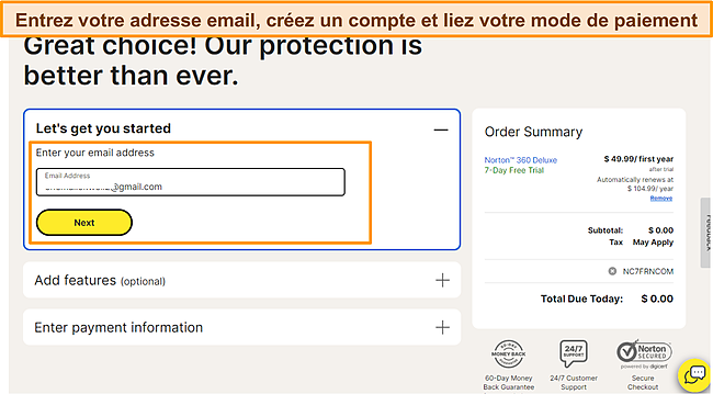 Capture d'&eacute;cran de l'inscription &agrave; l'essai gratuit de Norton.