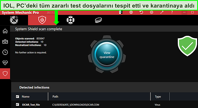 Sistem Kalkanı tarama sonucunun ekran g&ouml;r&uuml;nt&uuml;s&uuml;.