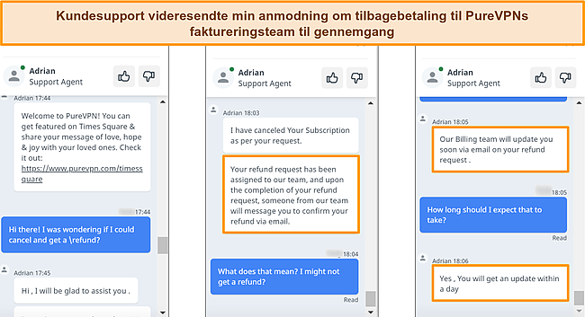 Sk&aelig;rmbillede af PureVPNs kundeservice, der reagerer p&aring; en anmodning om tilbagebetaling og videresender anmodningen til faktureringsteamet.