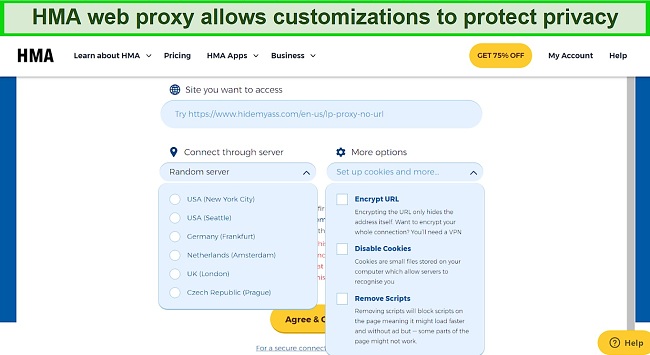 Screenshot of HMA web proxy with server list and privacy settings