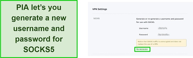 Screenshot of PIA's VPN settings to regenerate username and password for SOCKS5