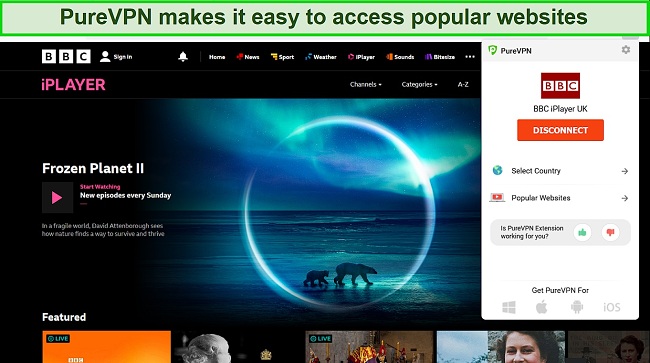 Screenshot of Frozen Planet II on BBC iPlayer while PureVPN is connected to a UK proxy server