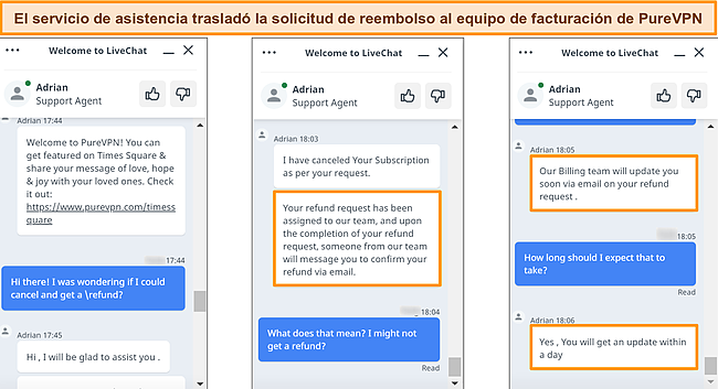 Captura de pantalla del servicio de atenci&oacute;n al cliente de PureVPN respondiendo a una solicitud de reembolso y reenviando la solicitud al equipo de facturaci&oacute;n.