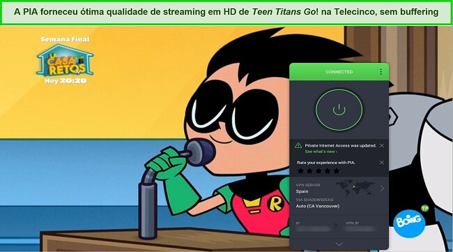 Imagem de Jovens Tit&atilde;s Go! jogando na Telecinco com PIA conectado a um servidor espanhol em primeiro plano