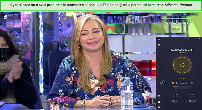 Imagine cu Telecinco juc&acirc;ndu-se direct cu CyberGhost &icirc;n prim plan conectat la un server spaniol