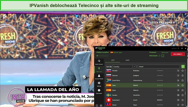 Captură de ecran care arată fluxul live al Telecinco cu IPVanish conectat &icirc;n prim plan
