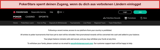 Screenshot von Fehlermeldungen beim Versuch, von einem eingeschr&auml;nkten Land aus auf PokerStars zuzugreifen