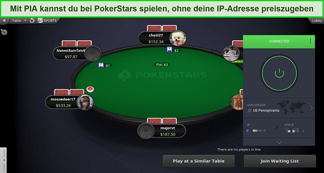 Screenshot eines PokerStars-Spiels, w&auml;hrend PIA mit einem Server in Pennsylvania, USA, verbunden ist