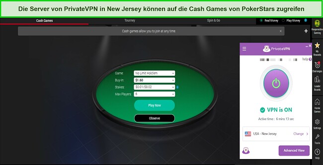Screenshot der Quick Seat-Option von PokerStars, w&auml;hrend PrivateVPN mit einem Server in New Jersey, USA, verbunden ist