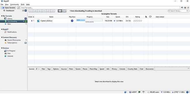 Sk&aelig;rmbillede af BiglyBT, der viser en download i gang