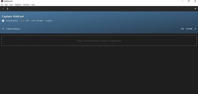 Sk&aelig;rmbillede af WebTorrent Desktop, der viser en download i gang