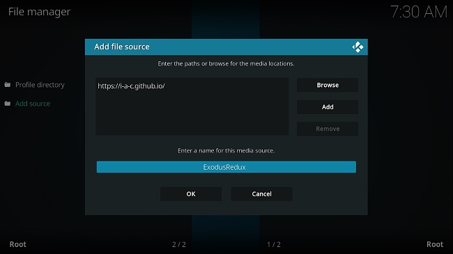 Screenshot of Kodi file source with repository name