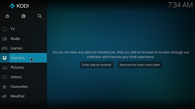 Screenshot of Kodi home screen
