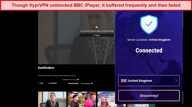 Screenshot of EastEnders unable to play on BBC iPlayer while VyprVPN is connected to a proxy server in the UK