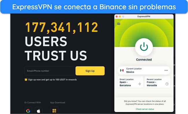 Imagen de la p&aacute;gina web global de Binance junto a la aplicaci&oacute;n de ExpressVPN
