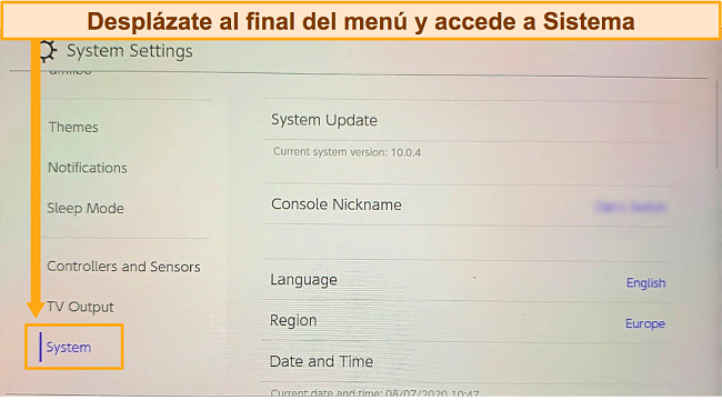 Captura de pantalla del men&uacute; de configuraci&oacute;n del sistema en Nintendo Switch