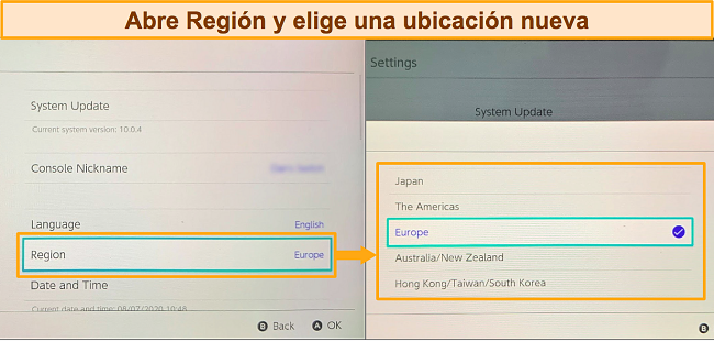 Captura de pantalla de las opciones de selecci&oacute;n de regi&oacute;n de Nintendo Switch