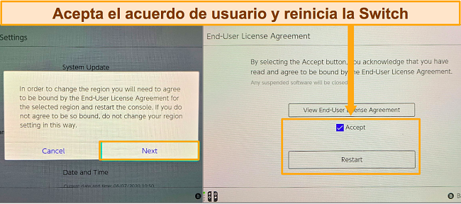 Captura de pantalla del EULA para el cambio de regi&oacute;n de Nintendo Switch