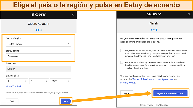 Captura de pantalla de c&oacute;mo configurar una nueva direcci&oacute;n para agregar una cuenta de Sony Entertainment Network