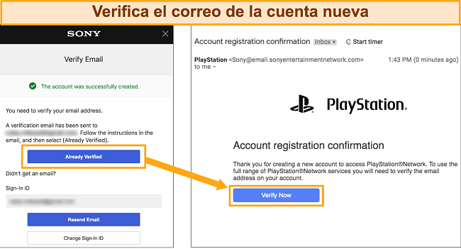 Captura de pantalla de c&oacute;mo configurar una nueva cuenta de Sony Entertainment Network para verificar la direcci&oacute;n de correo electr&oacute;nico