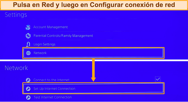 Captura de pantalla de c&oacute;mo navegar a la configuraci&oacute;n de conexi&oacute;n a Internet de PlayStation