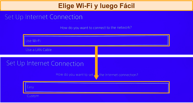 Captura de pantalla que muestra las opciones de configuraci&oacute;n de PlayStation para la conexi&oacute;n a Internet