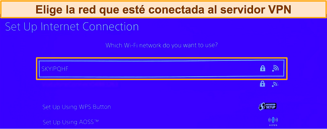 Captura de pantalla de la pantalla de configuraci&oacute;n de PlayStation y elecci&oacute;n de la conexi&oacute;n de red Wi-Fi