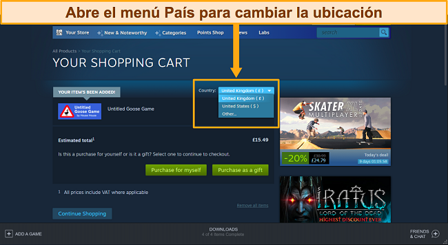 Captura de pantalla de la tarjeta de compras de Steam con el men&uacute; desplegable de pa&iacute;ses resaltado