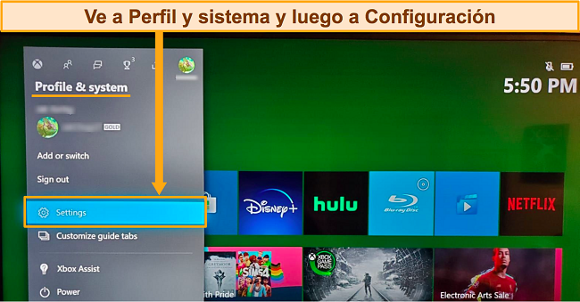 Captura de pantalla de acceso a la configuraci&oacute;n de xbox