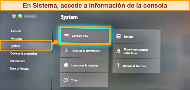 Captura de pantalla del acceso a la informaci&oacute;n de la consola xbox