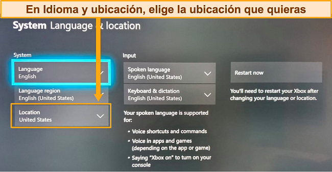 Captura de pantalla del cambio de ubicaci&oacute;n de xbox one