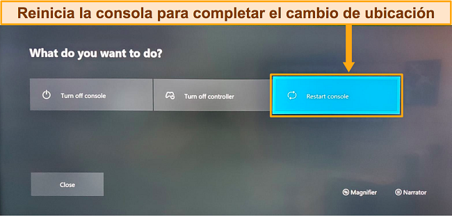 Captura de pantalla de c&oacute;mo completar el cambio de ubicaci&oacute;n de Xbox al reiniciar