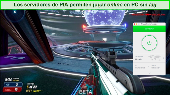 Capturas de pantalla de Splitgate mientras Private Internet Access est&aacute; conectado a un servidor en Berl&iacute;n, Alemania