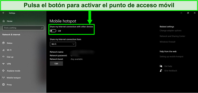 Captura de pantalla de la opci&oacute;n Mobile Hotspot en el sistema operativo Windows