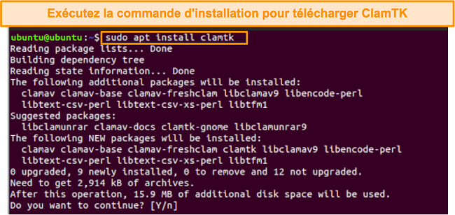 Capture d'&eacute;cran de la commande d'installation de ClamTK sur Ubuntu