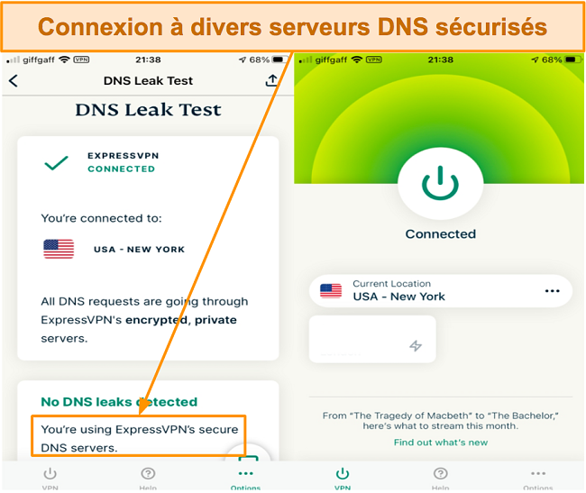 Capture d'&eacute;cran des serveurs DNS s&eacute;curis&eacute;s et du test de fuite DNS &agrave; l'aide d'ExpressVPN