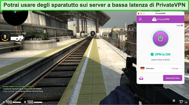 Screenshot di Counter-Strike: Global Offensive mentre PrivateVPN &egrave; connesso a un server in Germania