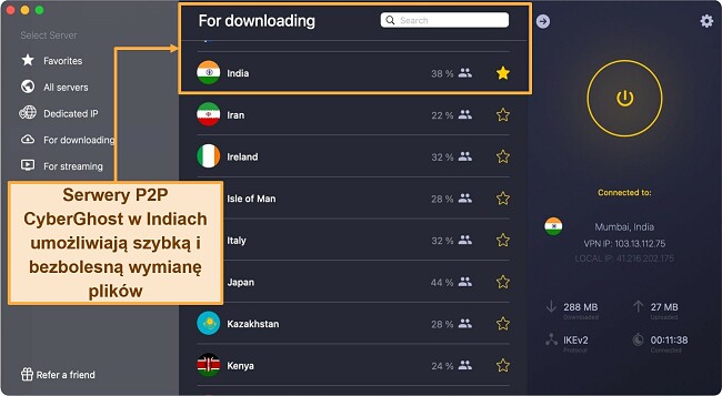 Zrzut ekranu aplikacji CyberGhost na komputerze Mac