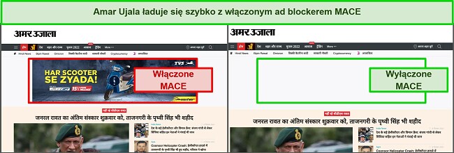 Zrzut ekranu przedstawiający usuwanie reklam przez firmę PIA MACE w witrynie z wiadomościami