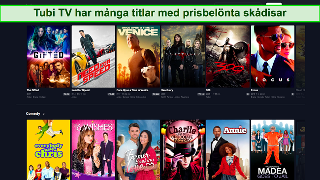 Sk&auml;rmdump av titelalternativ p&aring; Tubi TV:s startsk&auml;rm