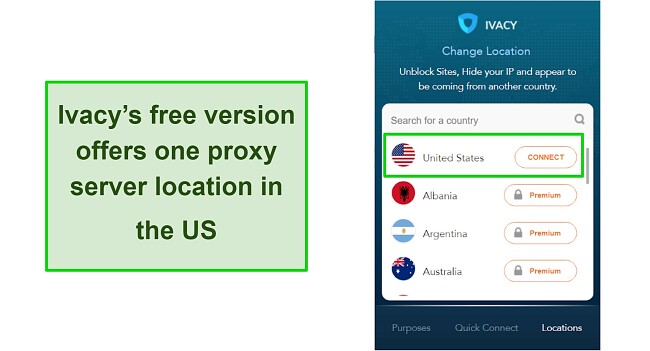 Screenshot of US proxy server available to connect for free on Ivacy