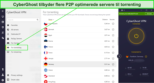Sk&aelig;rmbillede af CyberGhosts P2P-optimerede serverliste