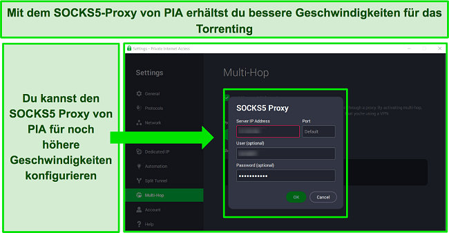 Screenshot der Benutzeroberfl&auml;che von PIA mit der SOCKS5-Proxy-Konfiguration