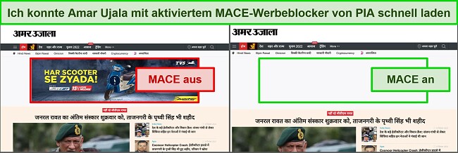 Screenshot von PIA MACE, das Anzeigen auf der Nachrichtenseite entfernt